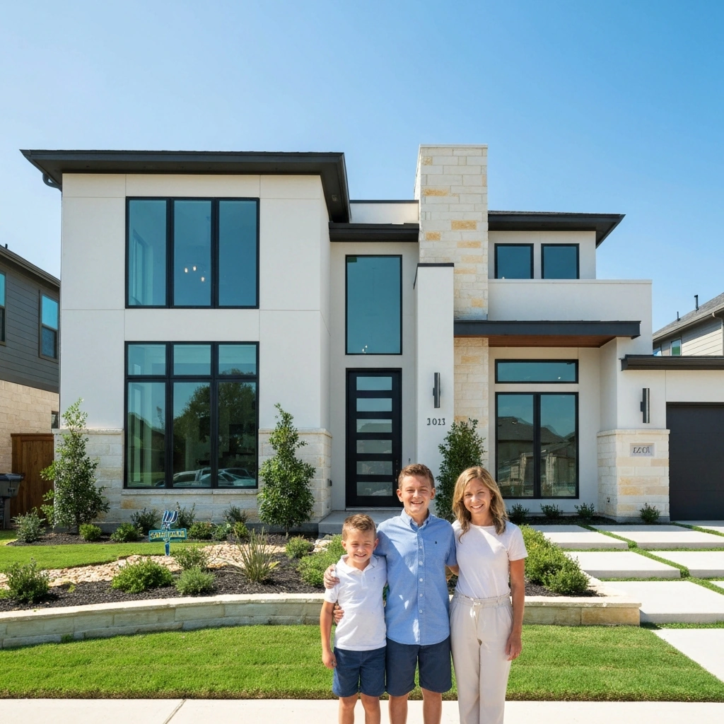 Happy family in front of modern Texas home