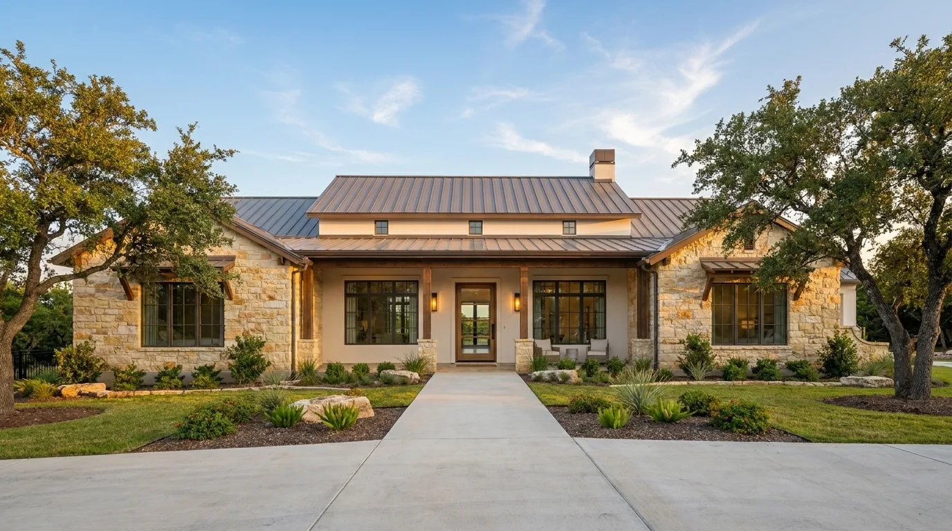 Single story Texas limestone home with a continuous level walkway running to a covered front entry