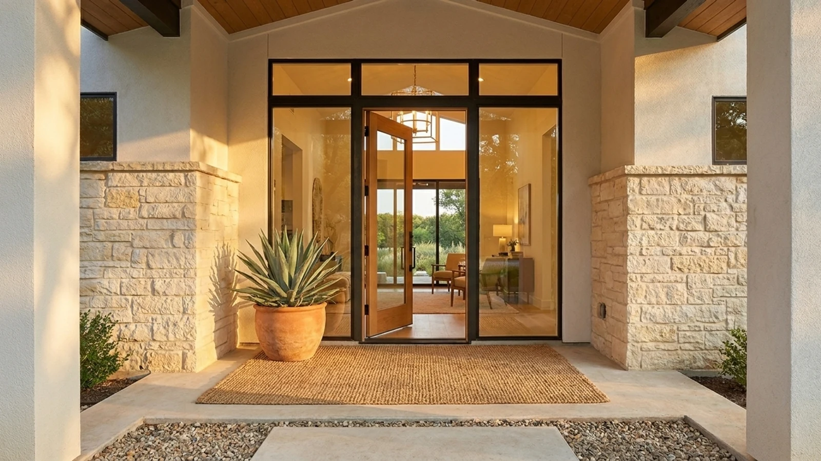 Open front door of a Texas home at golden hour