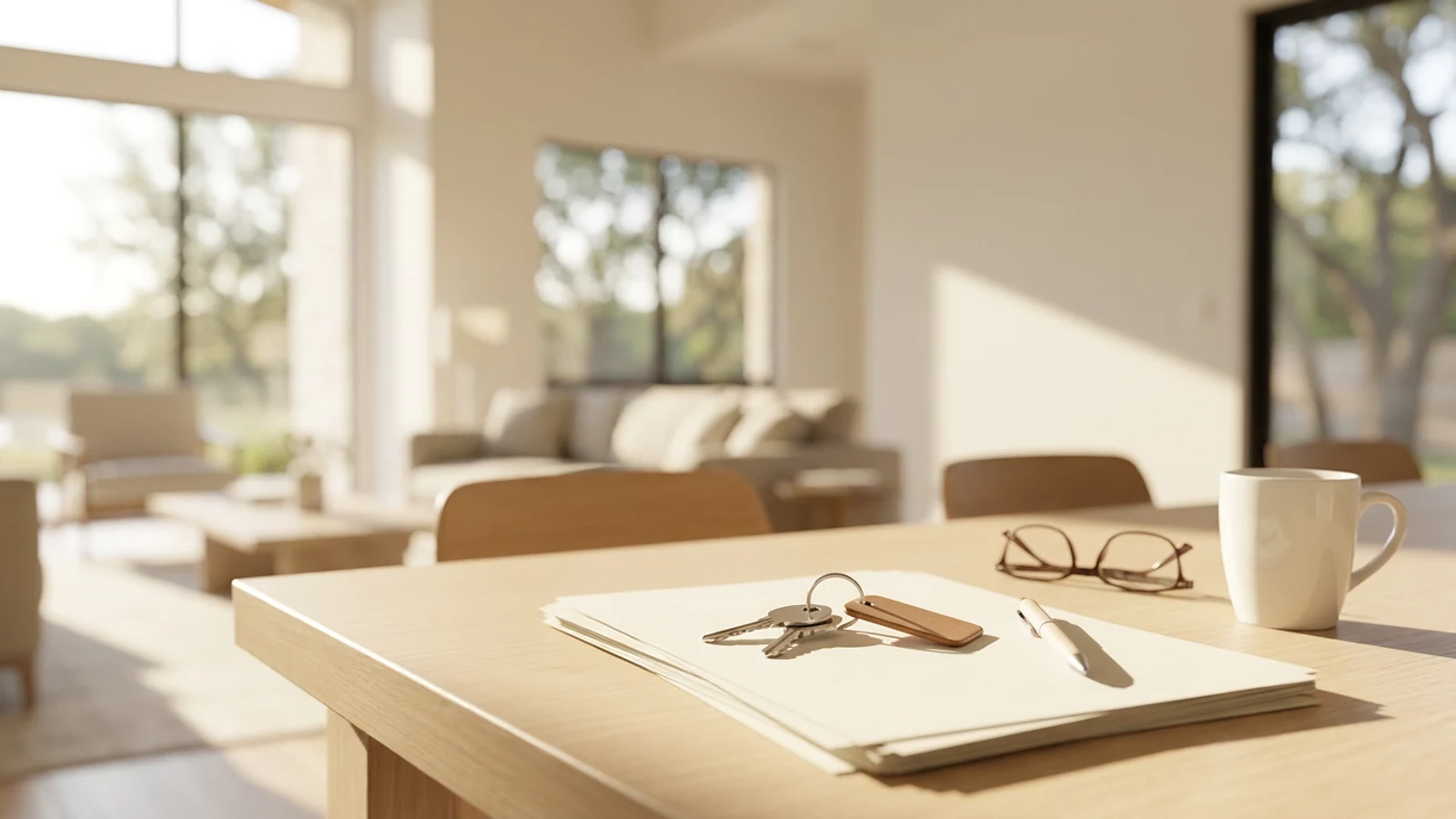 House keys and closing paperwork on a sunlit table