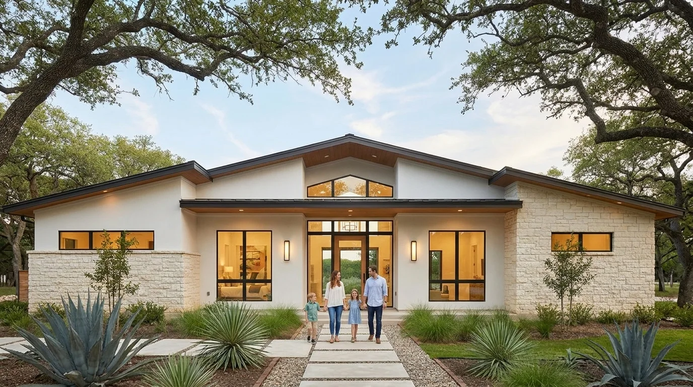 Family walking up to a Texas Hill Country home at golden hour