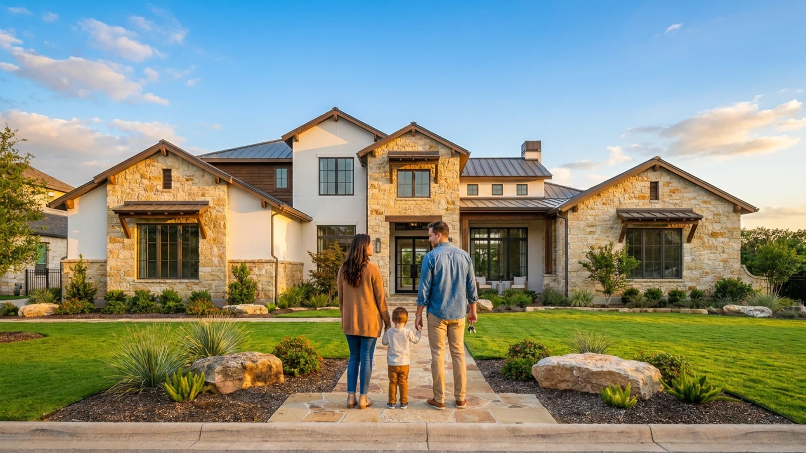 A family standing outside their new Texas Hill Country home