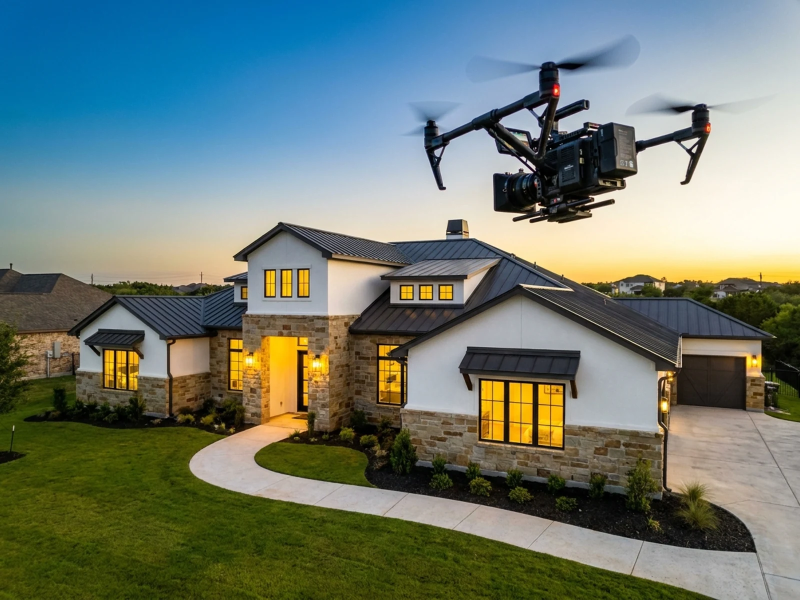 Professional cinema drone filming a Texas Hill Country home at dusk